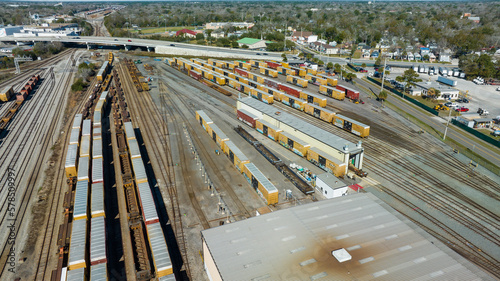 Tableau sur toile Aerial view of train tracks, trains, cargos.