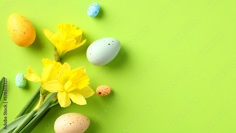 Happy Easter banner with colorful Easter eggs and daffodil flowers Happy Easter banner with colorful Easter eggs and daffodil flowers