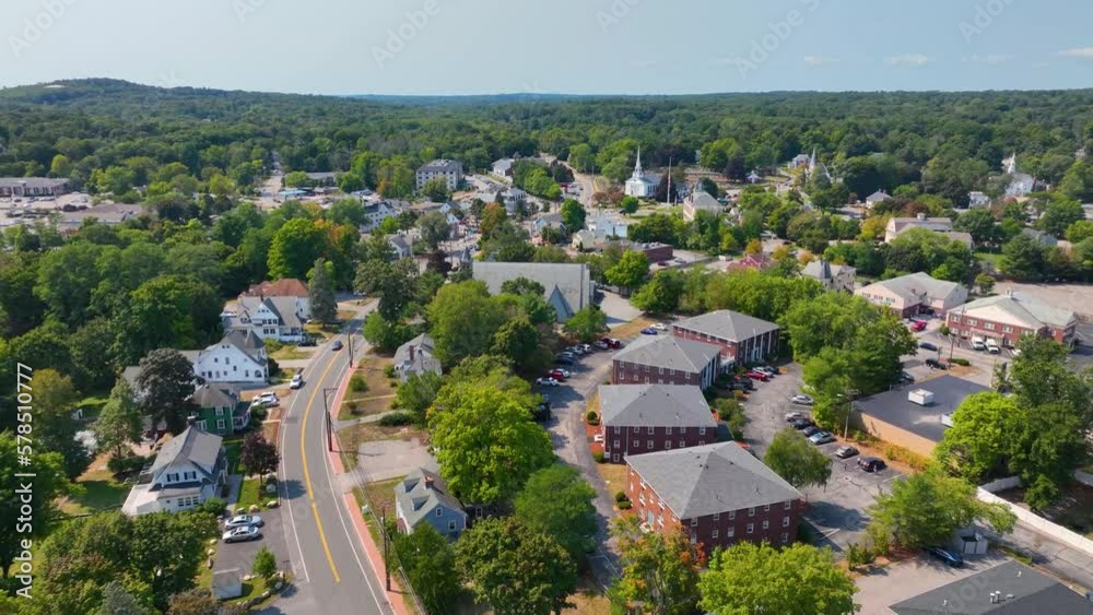 Chelmsford historic town center aerial view on Central Square including First Parish Unitarian Church, Town Common and Old Town Hall building, Chelmsford, Massachusetts MA, USA.