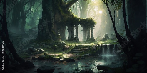 mystical and atmospheric forest glade with rays of sunlight filtering through canopy  mysterious ruins  concept of Enchanted Woods and Nature s Sanctuary  created with Generative AI technology