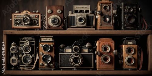 Impressive collection of vintage cameras displayed on wooden shelf with carefully maintained, concept of Collectible and Retro, created with Generative AI technology