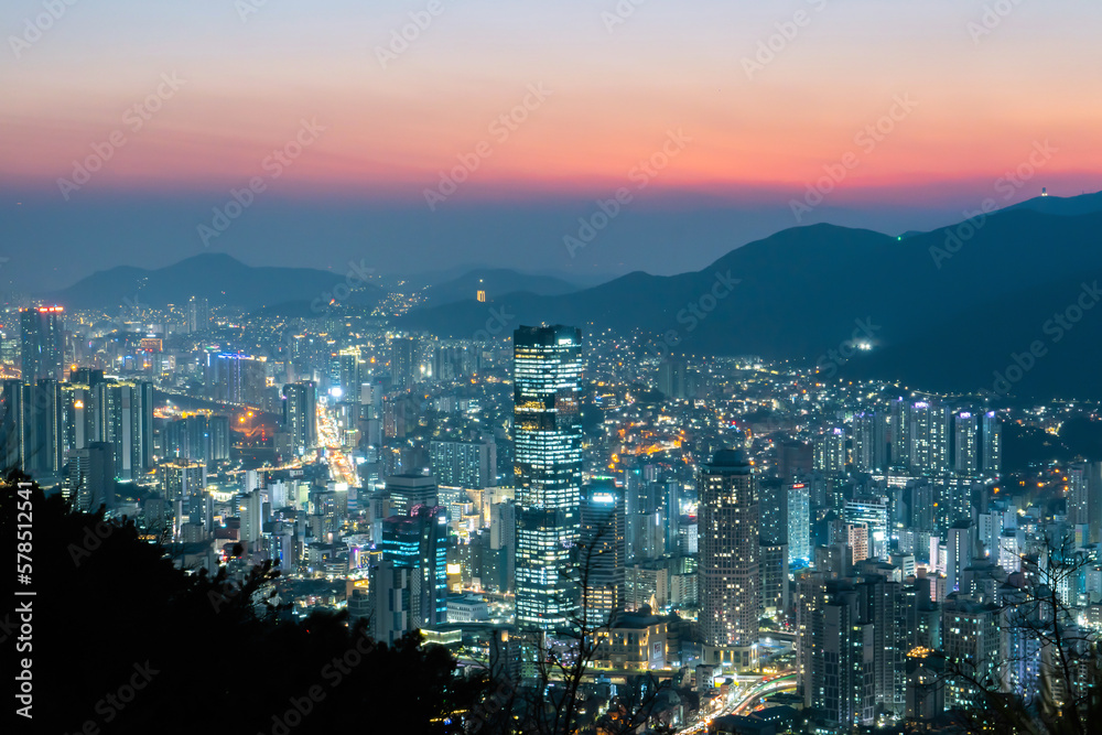 cenic view of Pusan city skyline in the mountains at night