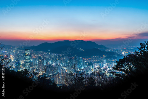 cenic view of Pusan city skyline in the mountains at night photo