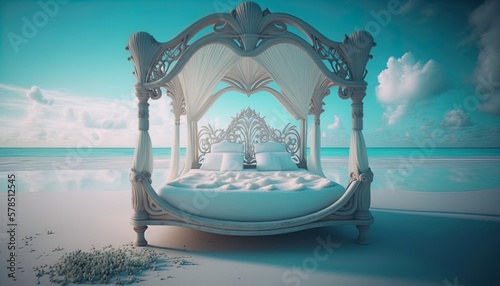 Paradise Caribbean white honeymoon love beach with a festive marriage bed created with generative ai technology photo