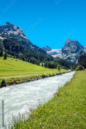 Green grass area and river with Alps moutain under blue sky, from Switzerland