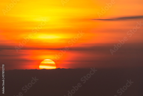 Background of sunset sky concept   Big sun and Mist in sunrise  Morning