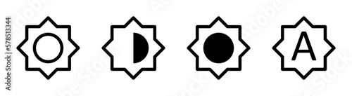Brightness icon set for apps, web, ui/ux design. low, medium, full and automatic brightness symbols. Screen modes icons set. Screen brightness and contrast for mobile phone. Vector Illustration