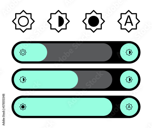 Brightness icon symbols with brightness sliders. Brightness icon in dark mode for apps, web, design. low, medium, full and automatic brightness symbols. Screen modes icons set. Screen brightness modes