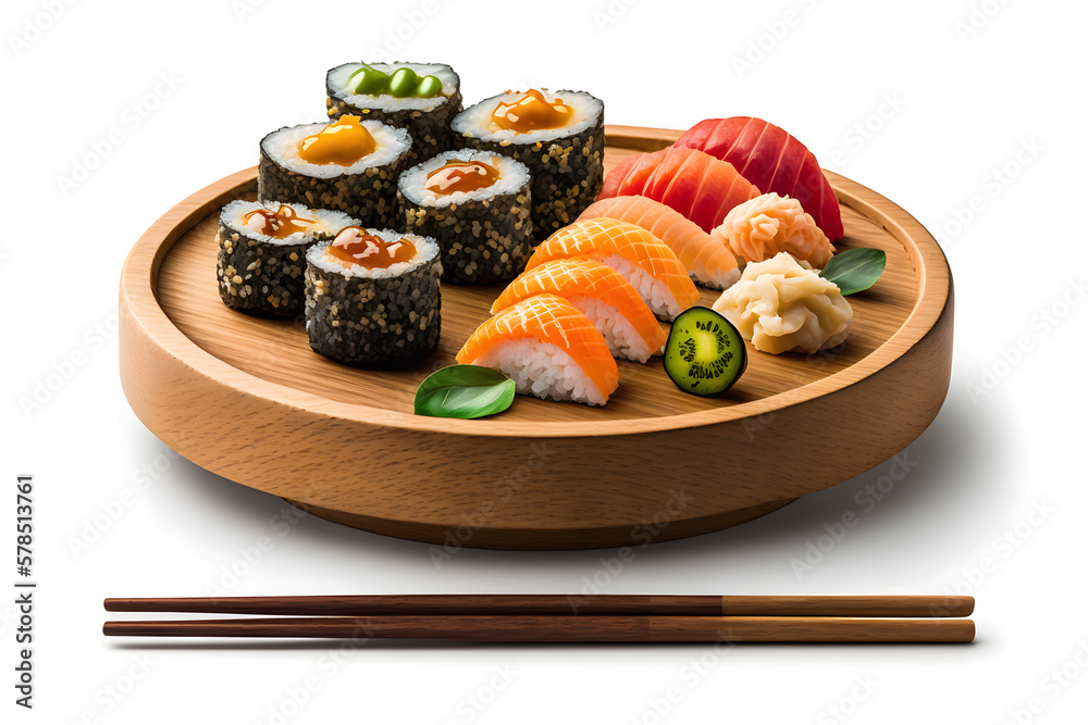 Japanese seafood sushi and maki on wooden plate on white isolated background. Generative AI Japanese seafood sushi and maki on wooden plate on white isolated background. Generative AI
