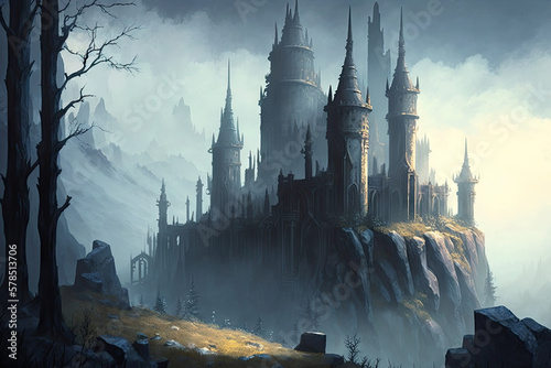 Cresting Mists Amidst Ancient Towers - An Enigmatic Fantasy Castle Generative AI