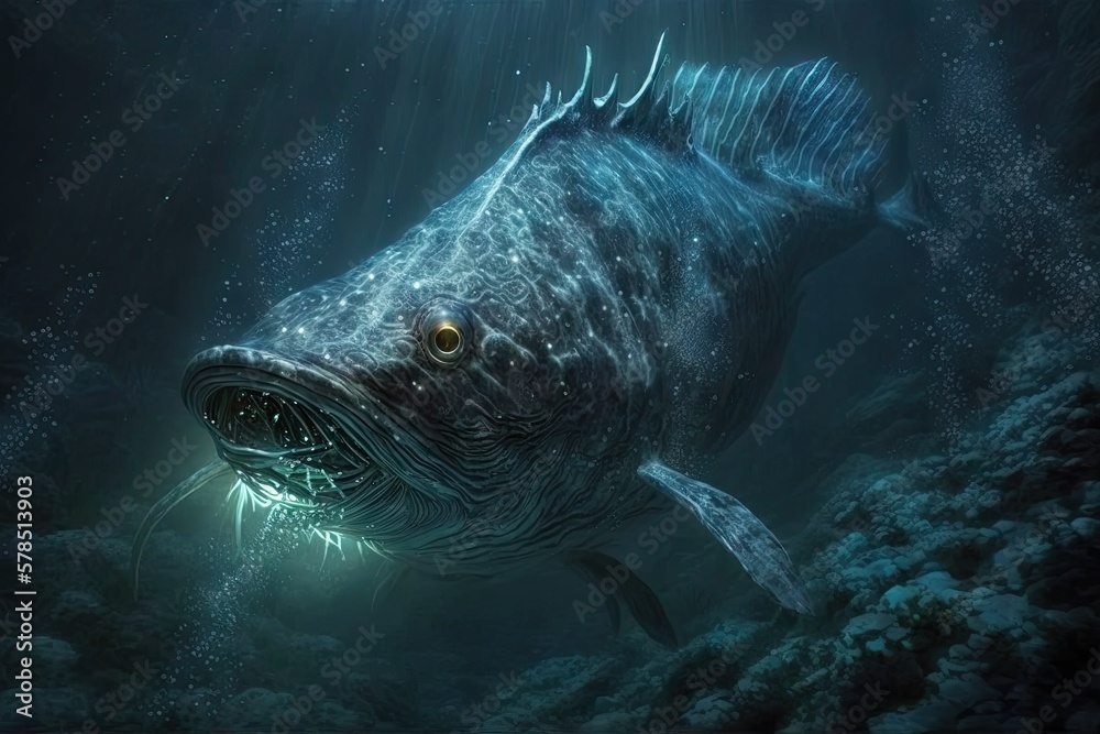 Fototapeta premium On the Prowl: An Eerie Illustration of a Deep-Sea Creature Searching for Its Next Prey Generative AI