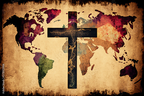 The holy cross of jesus christ world map. global mission, concept of Missionary Work and Global Outreach, created with Generative AI technology photo