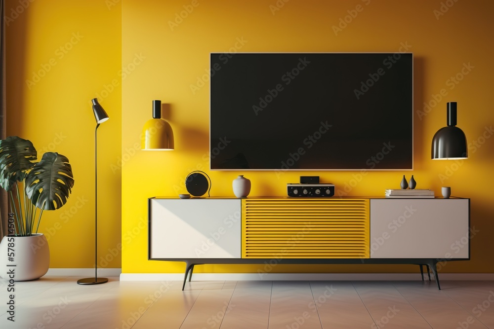 Tv on cabinet in modern living room on yellow wall, concept of ...