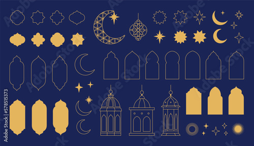 Valokuva Collection of elements in the oriental style of Ramadan Kareem and Eid Mubarak, Islamic windows,  arches, stars and moon, mosque doors, mosque domes and lanterns