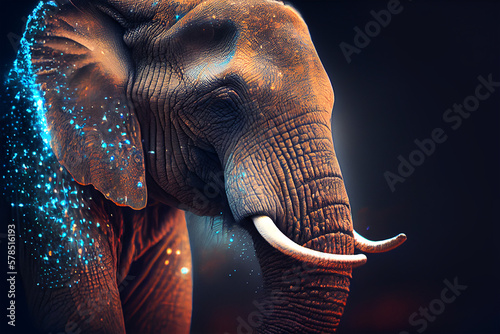 Bioluminescence illustration of an elephant. Generative AI photo