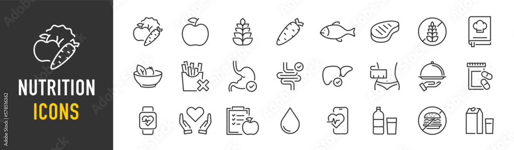 Nutrition web icon set in line style. Treatment, healthy food, health, diet, obesity, palm oil free, collection. Vector illustration.
