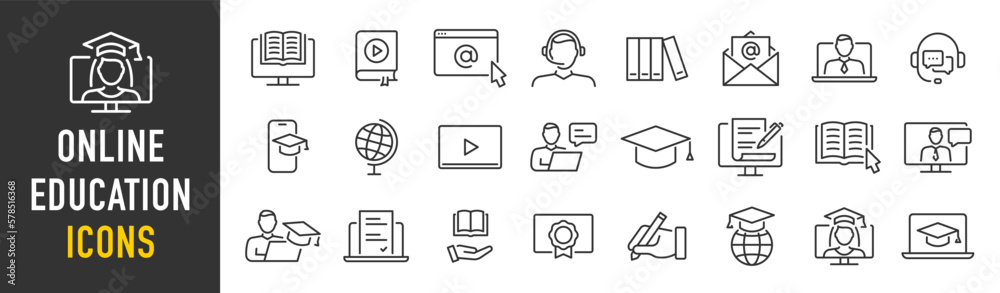 Online Education and E-learning web icon set in line style. E-book, video tutorial, mentor, distance learning, video and audio courses, collection. Vector illustration. - obrazy, fototapety, plakaty 