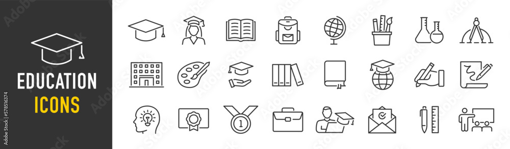 Education web icons in line style. School, university, success, academic, textbook, distance learning, collection. Vector illustration. - obrazy, fototapety, plakaty 