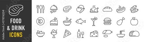 Food and Drink web icon set in line style. Meal, restaurant, dishes, fruits, fastfood, burger, pizza, coffee, sandwich, collection. Vector illustration.