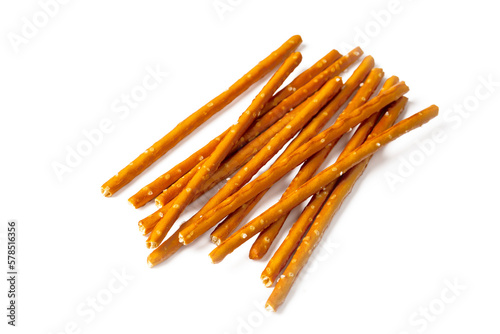 Stick cracker, pretzel, on white background. Crunchy salted pretzel sticks isolated.