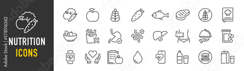Nutrition web icon set in line style. Treatment, healthy food, health, diet, obesity, palm oil free, collection. Vector illustration.