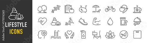 Lifestyle web icon set in line style. Healthcare, healthy lifestyle, health, diet, healthy food, exercise, sleep, collection. Vector illustration.