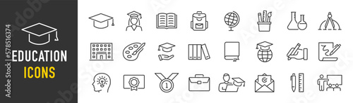 Education web icons in line style. School, university, success, academic, textbook, distance learning, collection. Vector illustration.