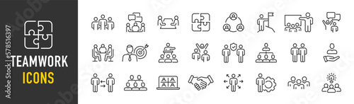 Teamwork icon in line style. Team, business people, human resources, collaboration, research, meeting, partnership, support, businessman. Collection. Vector illustration.