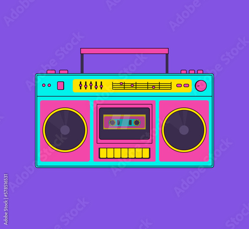 Retro audio player in memphis style. Tape recorder, cassette vector illustration. Music box. Nostalgia for 90s.