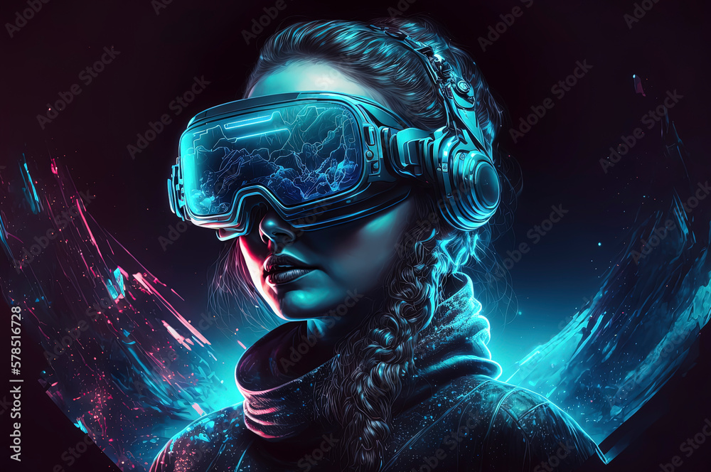 woman using bright futuristic VR glasses for exploring cyberspace and Metaverse on dark blue background AI-Generated woman using bright futuristic VR glasses for exploring cyberspace and Metaverse on dark blue background AI-Generated
