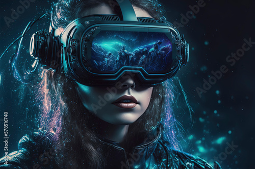 woman using bright futuristic VR glasses for exploring cyberspace and Metaverse on dark blue background AI-Generated