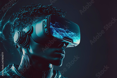 man using bright futuristic VR glasses for exploring cyberspace and Metaverse on dark blue background AI-Generated