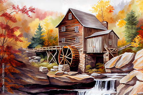 Painting illustration of Glade creek grist mill in autumn time, AI-generated image