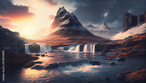 Illustration of fantasy landscape of water falls, mountains and river in twilight, AI-Generated image