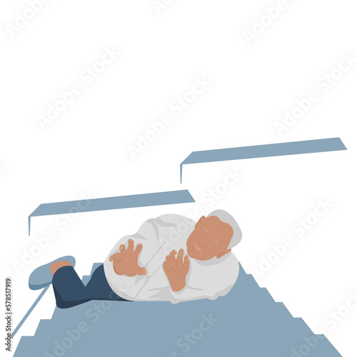 Old man falling accident from stairs in house. Elderly man dropping from stairs case.Grandpa dropped from jack ladder.Senior falling from stairway on white background.vector illustrations flat design