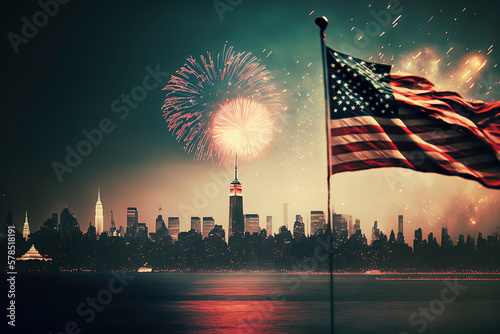an american flag and firerworks in new york city