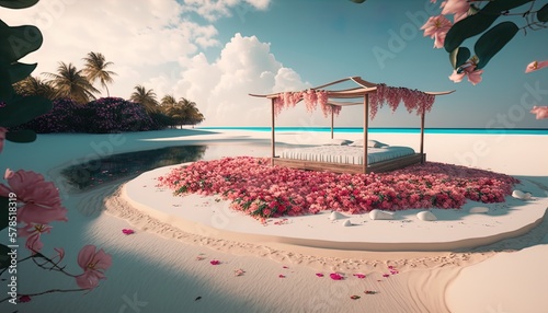 Paradise Caribbean white honeymoon love beach with a festive matrimonial bed with a path full of rose petals scattered everywhere created with generative ai technology photo