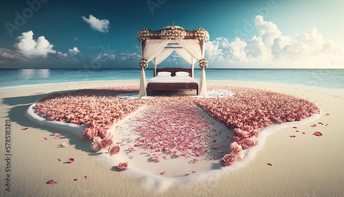 Paradise Caribbean white honeymoon love beach with a festive matrimonial bed with a path full of rose petals scattered everywhere created with generative ai technology