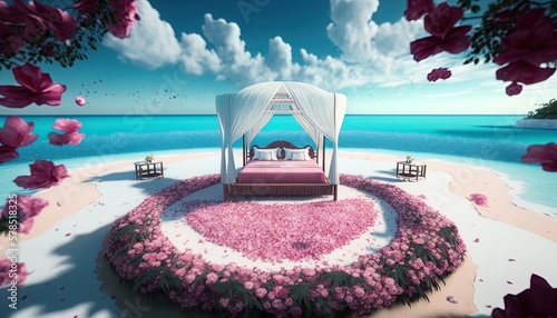 Paradise Caribbean white honeymoon love beach with a festive matrimonial bed with a path full of rose petals scattered everywhere created with generative ai technology