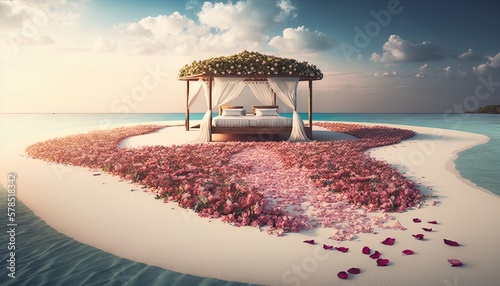 Paradise Caribbean white honeymoon love beach with a festive matrimonial bed with a path full of rose petals scattered everywhere created with generative ai technology