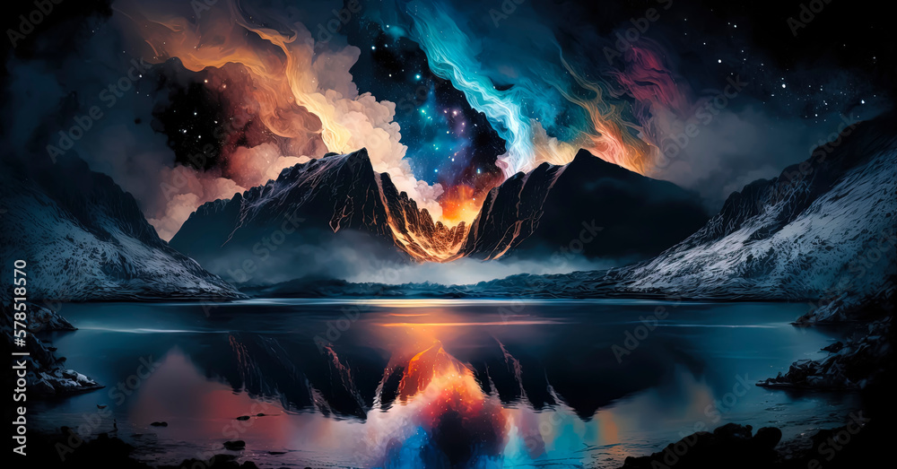 Beautiful watercolor A glassy placid lake in the arctic mountains, a glowing galactic nebulae hand of god bursting through the night sky