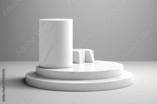 Podium en marbre blanc. Piédestal minimal de beauté cosmétique de présentation de roche