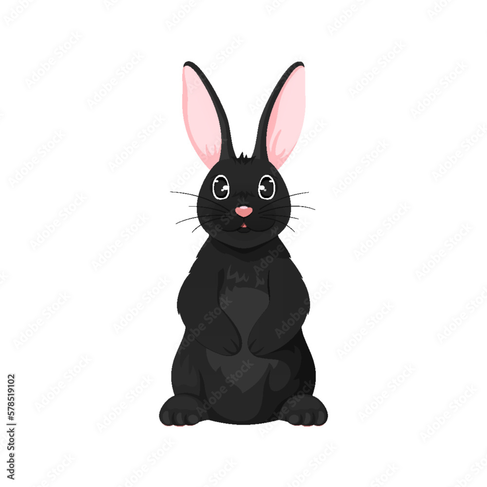 Obraz premium Happy Easter bunny black flat character cartoon. Large pink ear dark wool sitting empty paw book cartoon character hare rabbit wild cute funny animal holiday symbol kid book sticker print isolated