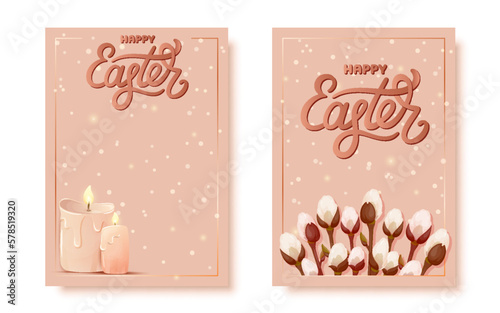 Happy Easter greeting card cute gold sparkly flat set. Brown luxury lettering pussy willow bud blossom bouquet burning flame candle wax melted holiday writing divine spring holiday cozy cute isolated