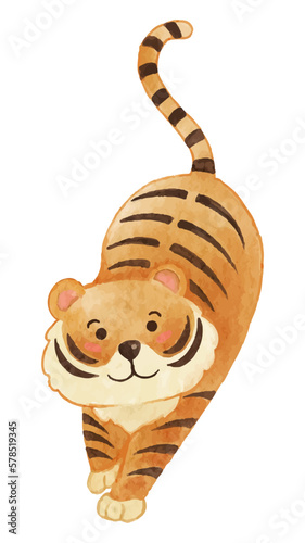 Tiger . Watercolor paint design . Cute animal cartoon character . Lie down position . Vector .