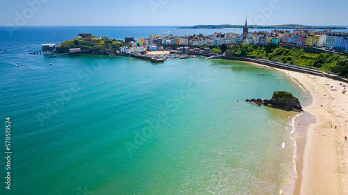 Aerial view of North Beach and the harbor of Tenby, Wales