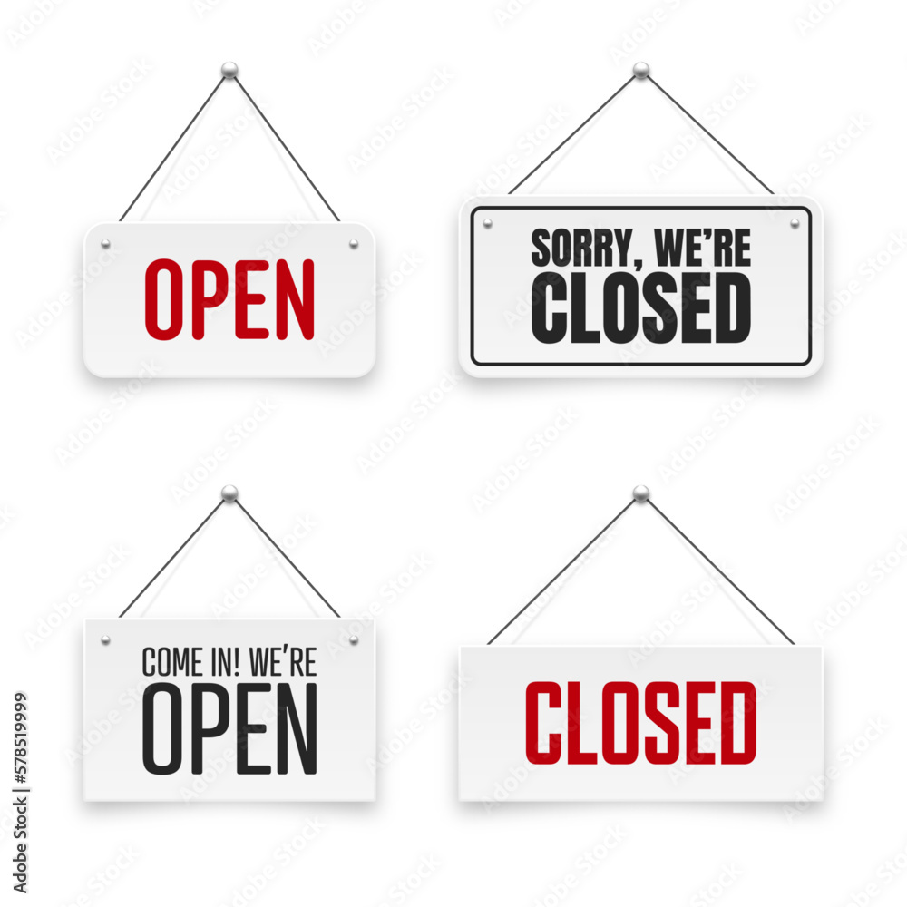 Realistic open or closed hanging signboards. Vintage door sign for cafe