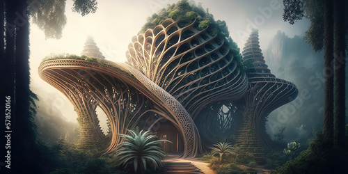 magical futuristic dinosaur temple, biophilic biomimetic organic fractal architecture, misty forest environment photo