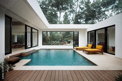 Modern patio outdoor with swimming pool. Modern house interior and exterior design   © Diego