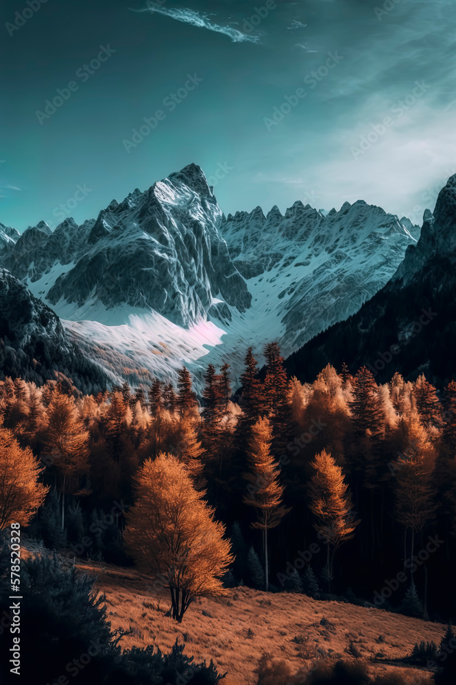 mountain range in fall with fall colors, winter alps